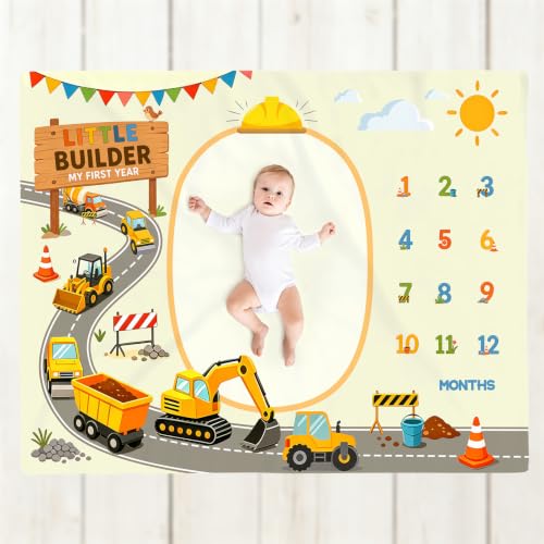 Truck Construction Baby Monthly Milestone Blanket, Little Builder 12 Months Growth Record Photo Prop Blanket, Excavator Bulldozer Infant Baby Shower for Boys,50x40inch Includes 2 Frame - color: Truck