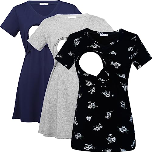 Bearsland Womens 3 Packs V Neck Nursing Tops Maternity Breastfeeding Tee Shirts - color: Blue+gray+blackwhitef(3pack), size: Large