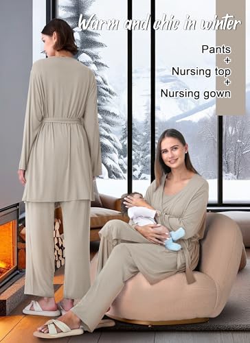 Rnxrbb 4PCS Year-Round Nursing Pajamas Robe Set Postpartum Breastfeeding Pj - color: Beige, size: X-Large