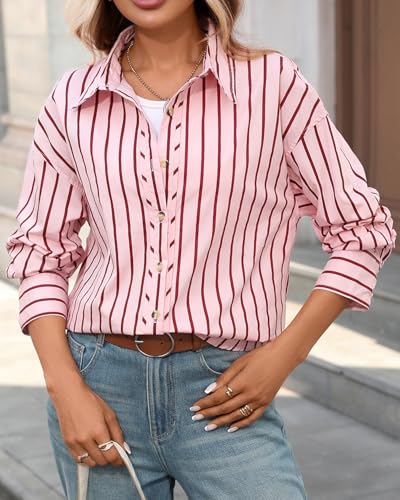 CHYRII Women's Striped Button Down Long Sleeve Blouse - color: Red-7185, size: XX-Large