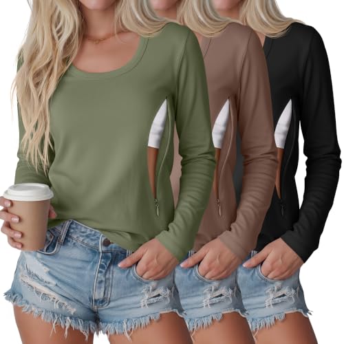 3 Pack Women's Long Sleeve Nursing Tops - color: Army Green, Light Brown, Black, size: Medium