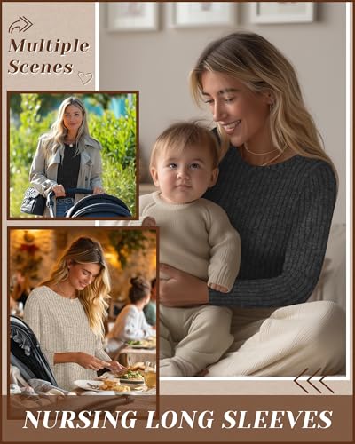 3 Pack Maternity Nursing Ribbed Long Sleeve Tops - color: Black, Apricot, Dark Gray, size: Medium