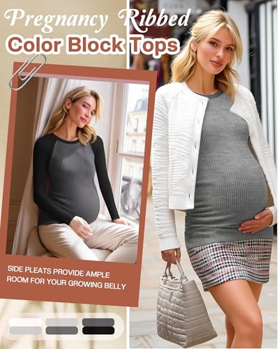 Neer 3 Pack Maternity Long Sleeve Shirts Ribbed Pregnancy Tops - color: Dark Gray, Light Heather Gray, White, size: Medium