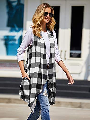 Ivay Womens Plaid Open Front Sweaters Sleeveless Duster Cardigans Drape Lightweight Vest Coat with Pockets - color: White, size: Small