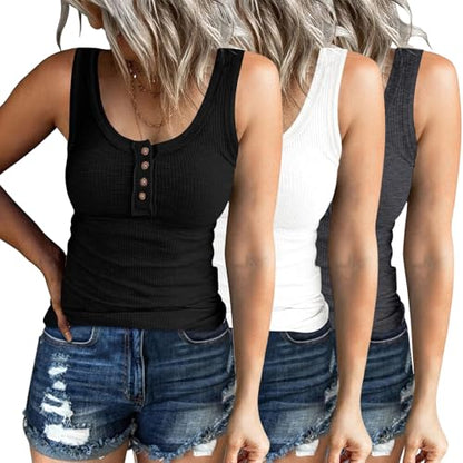 SUNBS 3 Pack Women Ribbed Tank Tops Trendy Summer Sexy Sleeveless Basic Cami Top Slim Henley Button Down Blouses 2026 - size: X-Large