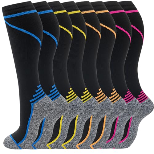 fenglaoda 8 Pairs Compression Socks for Men & Women 20-30 mmHg Knee High Nurse Pregnant Running Medical and Travel Athletic - color: 02-8 pairs-blue/yellow/orange/pink line-NEW, size: Large-X-Large