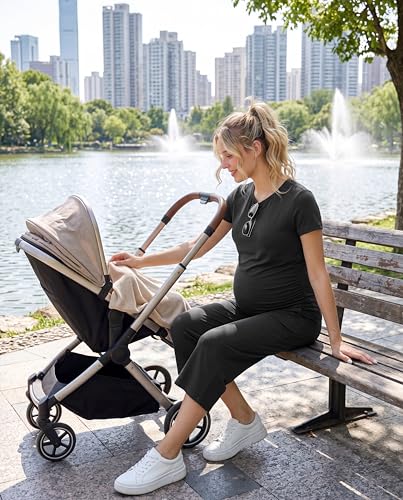 Womens Maternity Pajamas 2 Piece Set Short Sleeve - color: Black, size: Medium