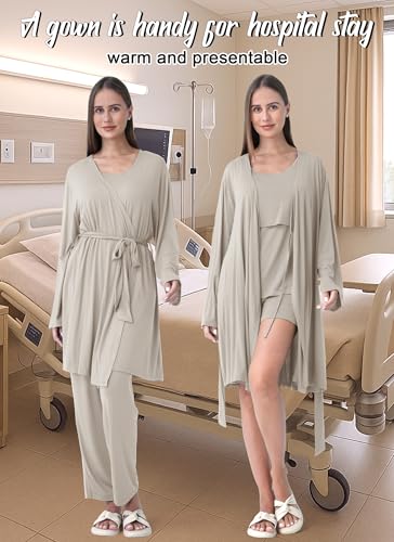 Rnxrbb 4PCS Year-Round Nursing Pajamas Robe Set Postpartum Breastfeeding Pj - color: Beige, size: Small