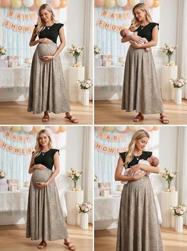 OUGES Women's Ruffle Sleeve Patchwork Maternity Maxi Dress with Pockets - color: Khaki Leopard, size: XX-Large