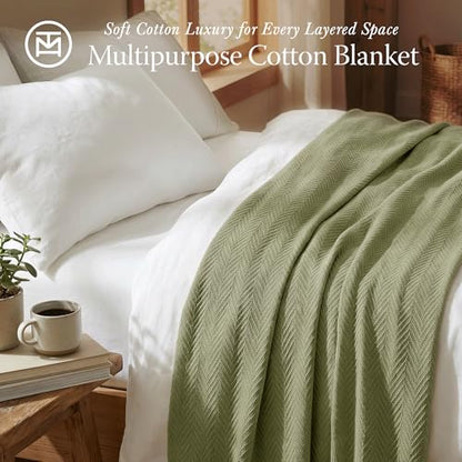 Threadmill Luxury 100% Cotton Queen Herringbone Blanket, Moss Green - color: Moss Green, size: Queen (90" x 92")