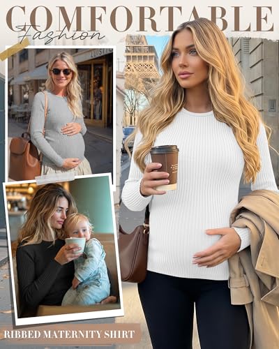4 Pack Womens Ribbed Maternity Shirts Slim Fit Tops - color: Army Green, White, Light Gray, Black, size: Small