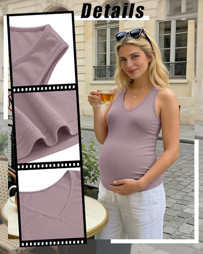 3 Pack Maternity Tank Tops Ribbed V Neck - color: Gray Purple, Khaki, Black, size: XX-Large