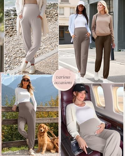 3 Pack Women's Maternity Jogger Pregnancy Sweatpants - color: Apricot, Light Coffee, Brown, size: Small