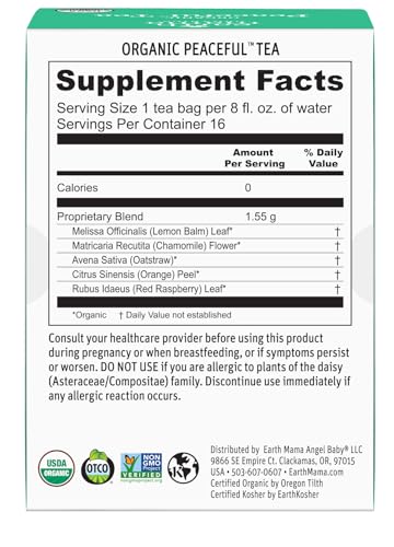 Earth Mama - Organic Peaceful Tea, Calming Herbal Blend - 16 Teabags (6 Pk) - size: 16 Count (Pack of 6)