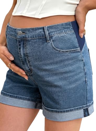 BLENCOT Women's Summer Maternity Jean Shorts Fold Hem Stretchy Denim Pants - color: Bluing, size: Small