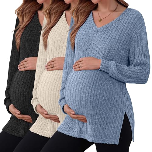 3 Pack Women Ribbed Maternity Sweaters Winter Clothes - color: Blue, Apricot, Black, size: Medium
