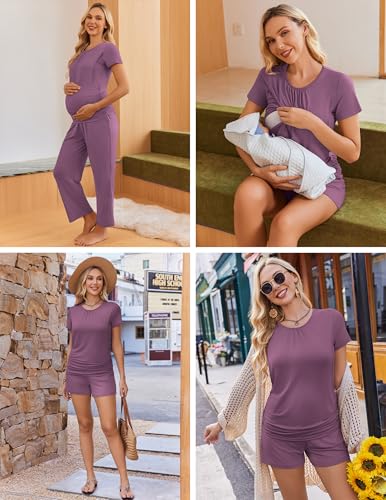 Ekouaer Maternity Nursing Pajamas Set 3 Piece Postpartum Breastfeeding Pjs - color: Purple Red, size: Medium