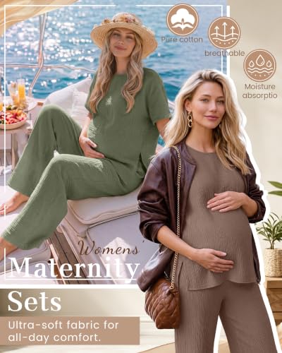 Ficerd 4 Pcs 100% Cotton Muslin Maternity Pajamas Lounge Sets - color: Army Green, Coffee, size: X-Large