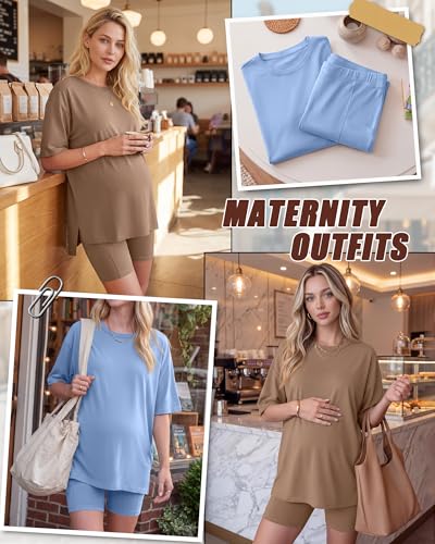 Huukeay 2 Pack Women Maternity Set Pregnancy Outfits - color: Sky Blue, Light Brown, size: Small