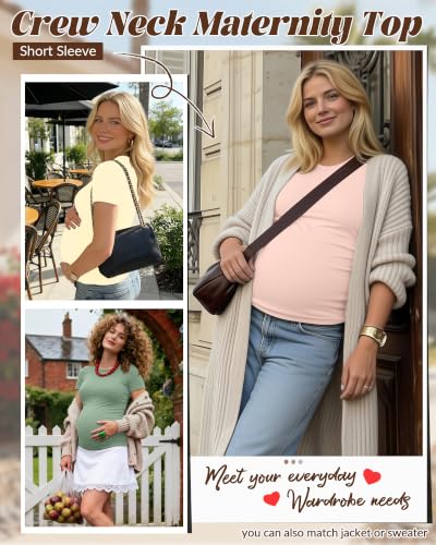 Huukeay 4 Pack Women's Short Sleeve Maternity Tops - color: Beige, Pastel Yellow, Gray Green, Light Pink, size: Small