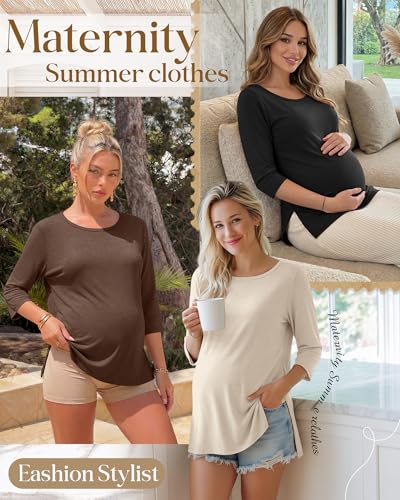 3 Pack Women's 3/4 Sleeve Maternity Loose Crewneck Tops - color: Cream, Coffee Gray, Black, size: Large