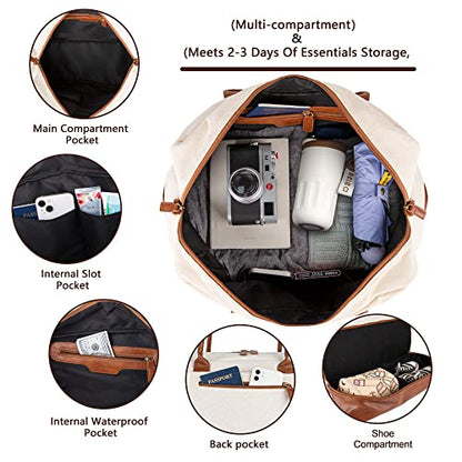 MyMealivos Canvas Weekender Bag Travel Duffel Shoe Compartment Overnight - color: Ivory