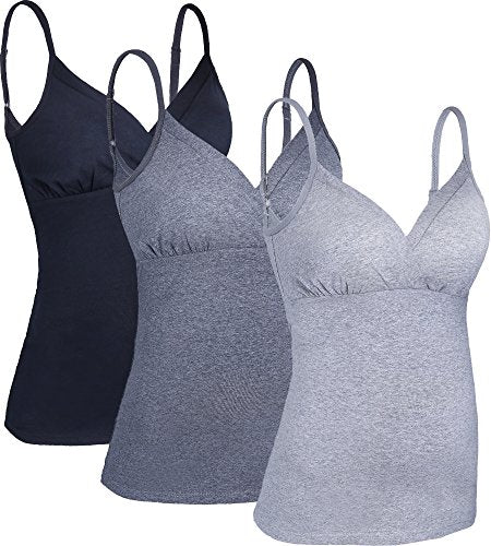 SUIEK Cotton Nursing Tank Tops Maternity Breastfeeding Camis Pregnancy Pjs - color: Black/Dark Grey/Grey (3pcs) - Second Style, size: X-Large