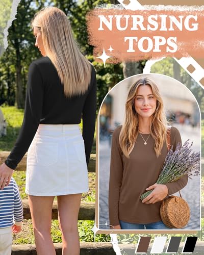 4 Pack Nursing Breastfeeding Tops with Hidden Zipper - color: Brown, White, Gray, Black, size: XX-Large