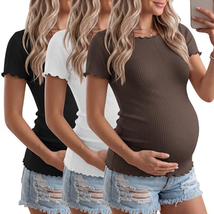 3 Pack Women's Maternity Ribbed Shirts - color: Black, White, Coffee, size: XX-Large