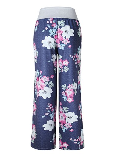 iChunhua Women's Comfy Stretch Floral Print Drawstring Palazzo Wide Leg Lounge Pant - color: Blue-white Flower, size: Medium