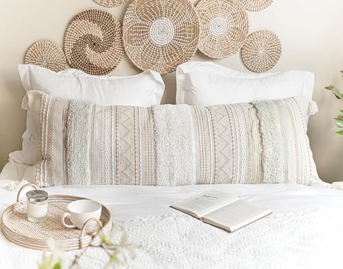 BlissBlush 20X54 Oversized Large Lumbar Pillow Cover for Bed, Rectangular Long Decorative Throw Pillowcase, Cotton Boho Accent Cushion with Tufted Pattern and Tassels, Cream Beige Neutral (Cover Only) - color: Beige, size: 54" x 20" (Pack of 1)