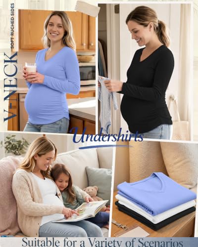 3 Pack Women Maternity Shirts Scrub Tops Side Ruched - color: Black, White, Sky Blue, size: Small