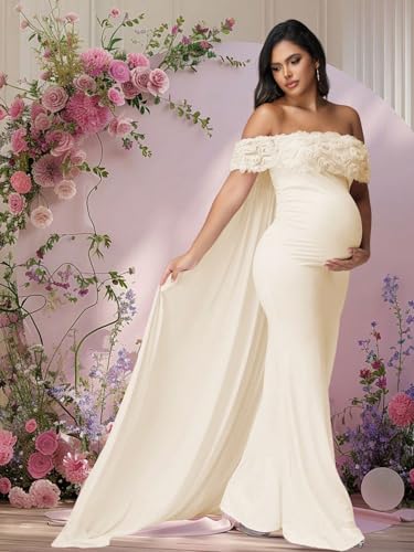 Maternity Mesh Off Shoulder Chiffon Cloak Maxi Photoshoot Dress - color: Beige-a, size: Medium