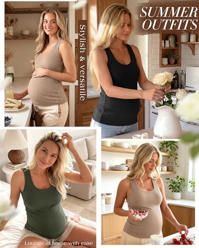 Ficerd 3 Pack Women's Maternity Ribbed Tank Tops - color: Camel, Army Green, Black, size: Small