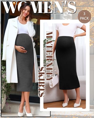 Neer 3 Pack Women's Ribbed Knit Maternity Skirts - color: Light Gray, Dark Gray, Black, size: Large