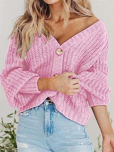 PRETTYGARDEN Women's Chunky Knit Open Front Cardigan Sweaters Fall Outfits - color: Pink, size: Medium