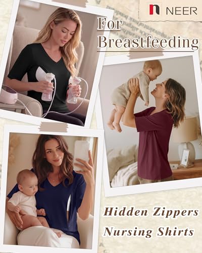 Neer 3 Pack Women's Nursing Shirts Breastfeeding Tops - color: Burgundy, Navy Blue, Black, size: Small