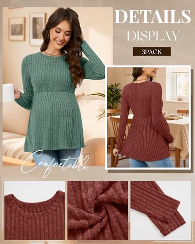 3 Pack Maternity Sweaters Long Sleeve Ribbed Shirts - color: Brick Red, Sapphire Green, Black, size: Large