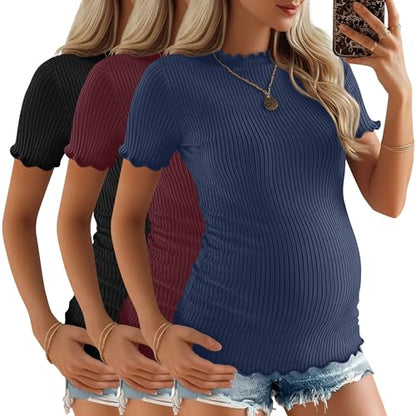 3 Pack Women's Ribbed Maternity Tops - color: Dark Blue, Wine Red, Black, size: XX-Large