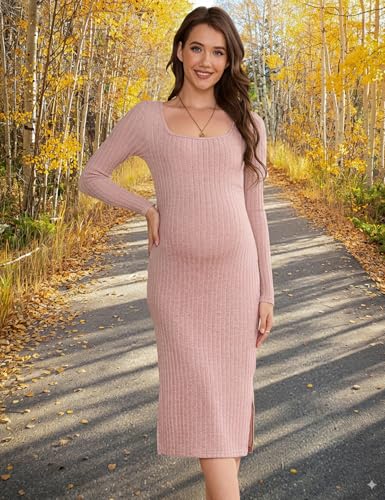 LAHILO Long Sleeve Knit Ribbed Maternity Sweater Dress for Fall Winter - color: Pink, size: Small