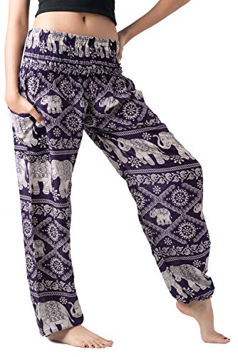 B BANGKOK PANTS Boho Harem Pants Women - color: Purple Elephant, size: 16-20 Plus