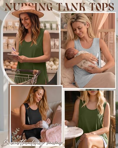 Ficerd 3 Pack Women's Oversized Nursing Tank Tops with Zipper - color: Army Green, Light Gray, Black, size: Small