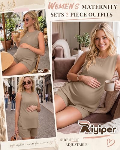 Riyiper Women's Maternity 2 Piece Casual Outfits Sets - color: Khaki, size: Small