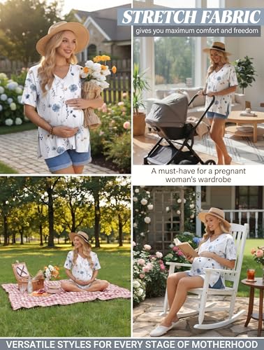 Ekouaer Maternity Shirts 3 Pack Oversized Pregnancy Tops Summer Clothes - color: 3 Pcs Black/ Grey/ White Flower, size: Medium