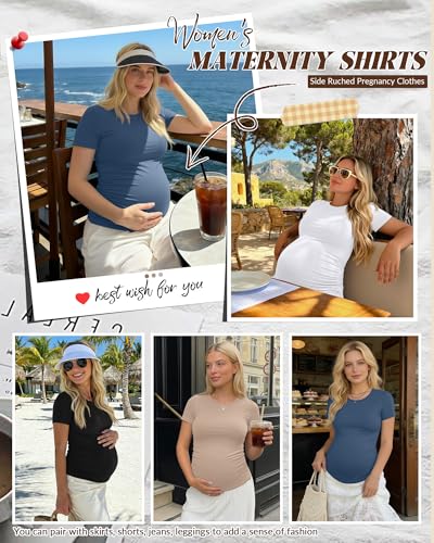 Huukeay 4 Pack Women's Short Sleeve Maternity Tops - color: Black, White, Khaki, Haze Blue, size: XX-Large