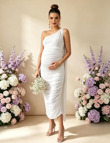 Maternity Dress Ruched One Shoulder Midi Dress for Baby Shower - color: White, size: X-Large