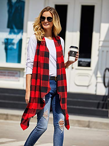 Ivay Womens Plaid Open Front Sweaters Sleeveless Duster Cardigans Drape Lightweight Vest Coat with Pockets - color: Red, size: X-Large