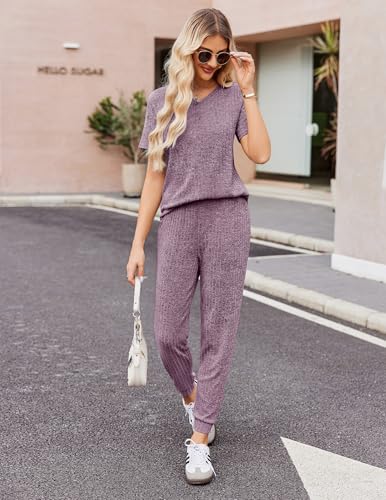 Ekouaer Pajama Sets for Womens 2 Piece Jogger Pants Lounge Set - color: Purple, size: Small