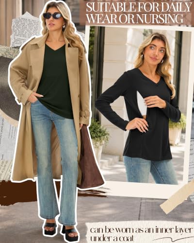Huukeay 3 Pack Women's Waffle Knit Nursing Shirts - color: Coffee, Army Green, Black, size: Medium