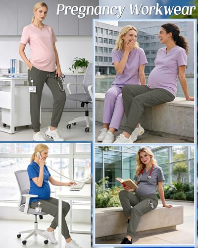 Xaatren Women's Maternity Scrub Joggers Pants with 6 Pockets - color: Army Green, size: Medium